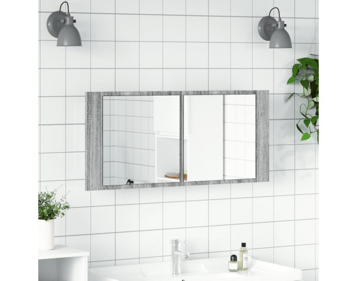 Sonata H Шкаф с LED огледало за баня, сив сонома, 100x12x45 см