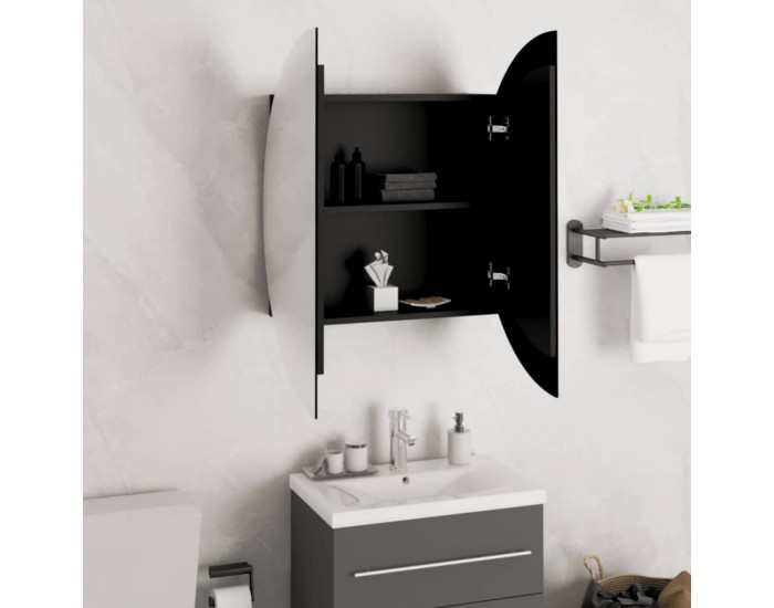 Sonata H Шкаф за баня с кръгло огледало и LED, черен, 54x54x17,5 см