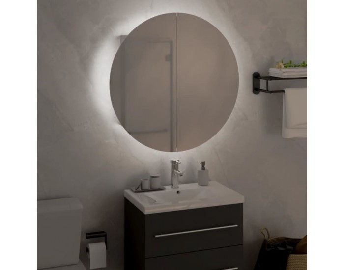 Sonata H Шкаф за баня с кръгло огледало и LED, бял, 47x47x17,5 см