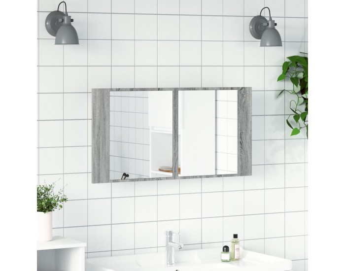 Sonata H Шкаф с LED огледало за баня, сив сонома, 90x12x45 см, акрил