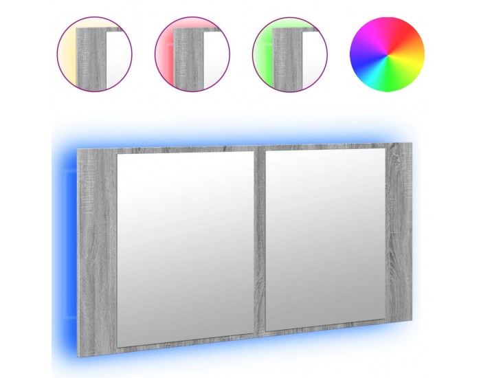 Sonata H Шкаф с LED огледало за баня, сив сонома, 90x12x45 см, акрил