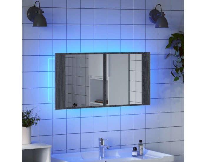 Sonata H Шкаф с LED огледало за баня, сив сонома, 90x12x45 см, акрил