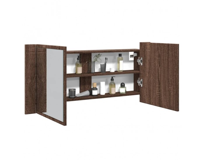Sonata H Шкаф с LED огледало за баня, кафяв дъб, 100x12x45 см