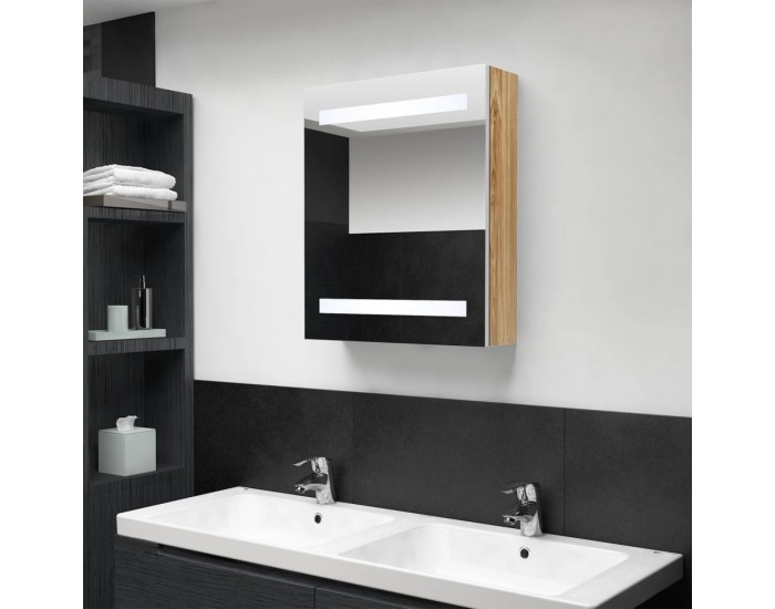 Sonata H LED шкаф с огледало за баня, бяло и дъб, 50x14x60 см