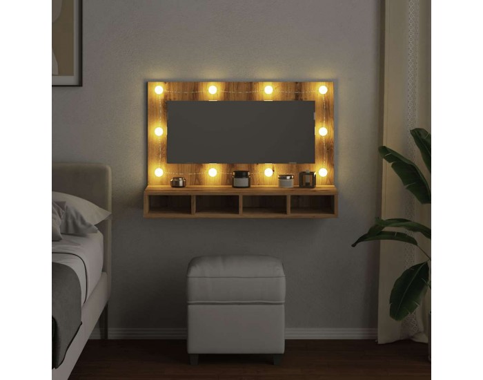 Sonata H Огледален шкаф с LED осветление, дъб, 90x31,5x62 см