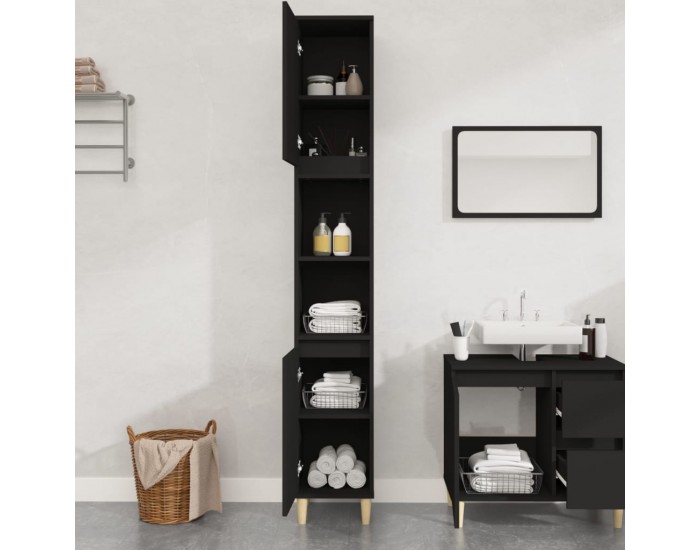 Sonata H Шкаф за баня, черен, 30x30x190 см, инженерно дърво