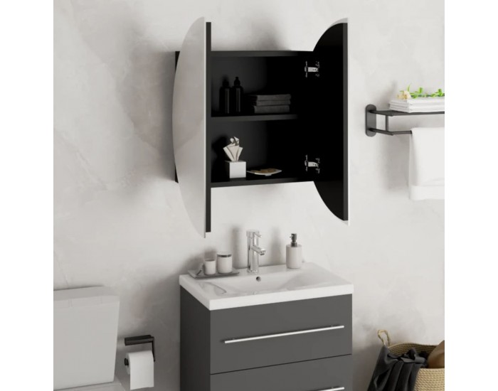 Sonata H Шкаф за баня с кръгло огледало и LED, черен, 47x47x17,5 см