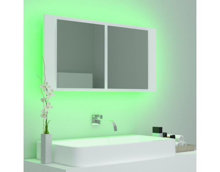 Sonata H Шкаф с LED огледало за баня, бял, 90x12x45 см, акрил