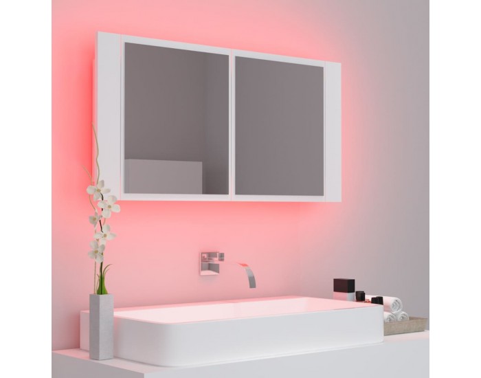 Sonata H Шкаф с LED огледало за баня, бял, 90x12x45 см, акрил