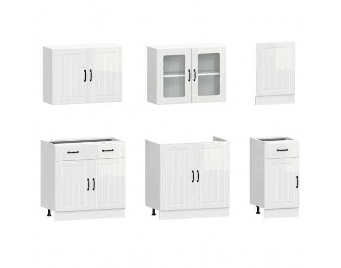 Sonata H Комплект кухненски шкафове, 7 части, Lucca, бяло гланцово инженерно дърво
