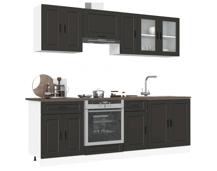 Sonata H Комплект кухненски шкафове от 8 части Porto, черно инженерно дърво