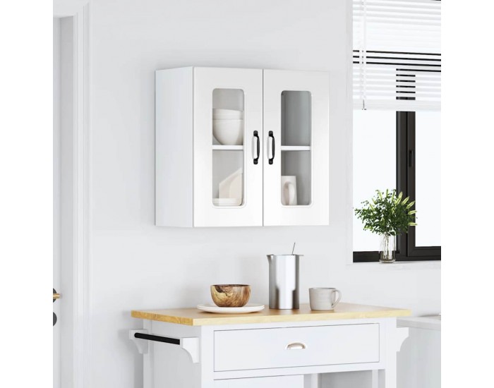 Sonata H Кухненски стенен шкаф със стъклена врата Kalmar с висок гланц, бяло инженерно дърво