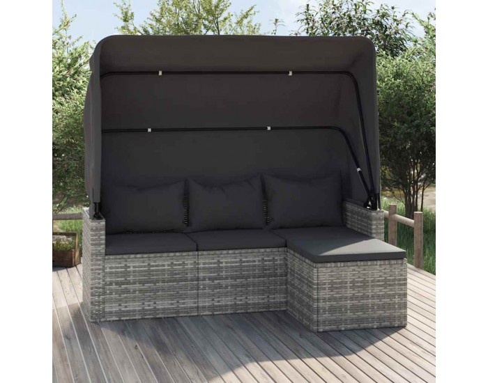 Sonata H 3-местен градински диван с покрив и табуретка, сив полиратан