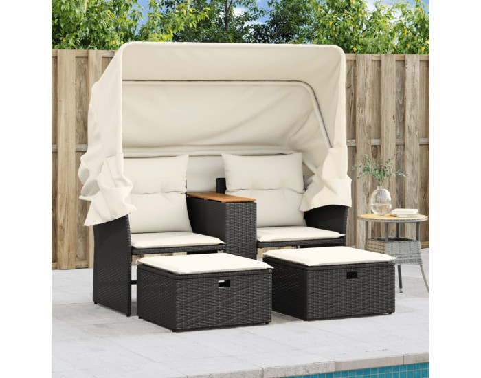 Sonata H 2-местен градински диван със сенник и табуретки черен полиратан