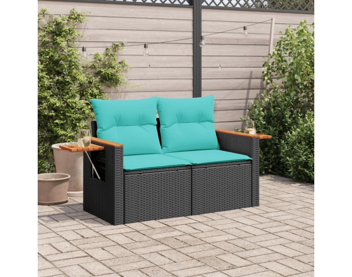 Sonata H Градински диван с възглавници, двуместен, черен, полиратан