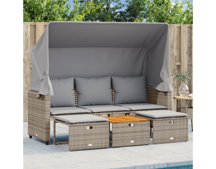 Sonata H 3-местен градински диван със сенник и табуретки сив полиратан