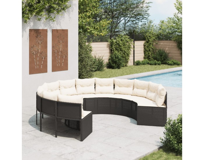 Sonata H Градински диван с възглавници, кръгъл, черен полиратан