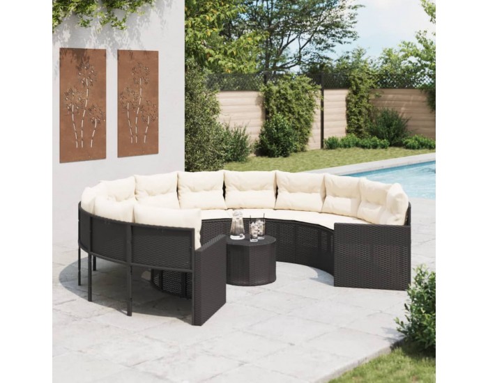 Sonata H Градински диван с маса и възглавници, кръгъл, черен полиратан