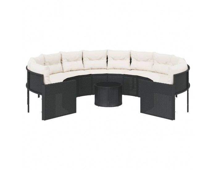 Sonata H Градински диван с маса и възглавници, кръгъл, черен полиратан