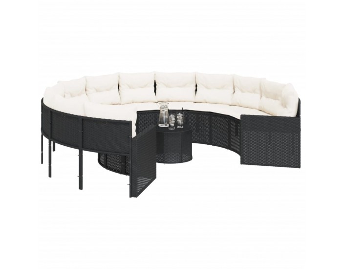 Sonata H Градински диван с маса и възглавници, кръгъл, черен полиратан