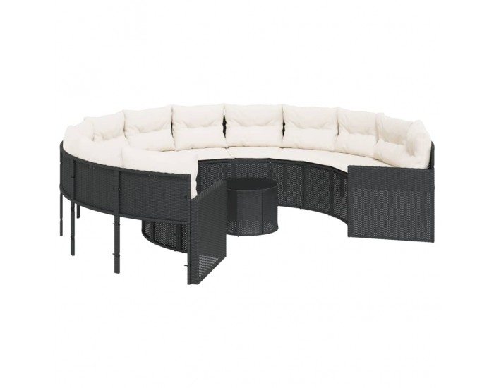 Sonata H Градински диван с маса и възглавници, кръгъл, черен полиратан