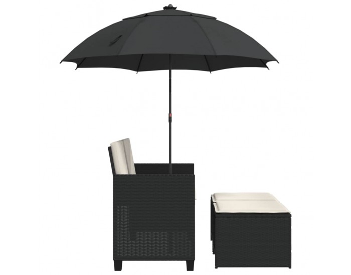 Sonata H 2-местен градински диван с чадър и табуретки черен полиратан