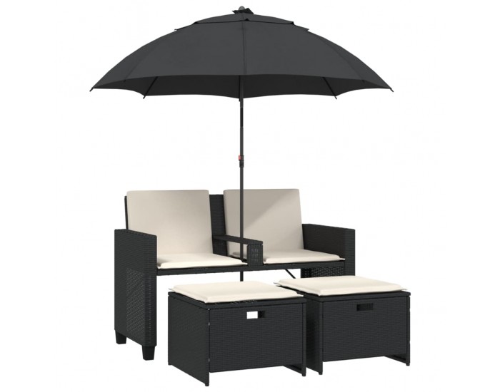 Sonata H 2-местен градински диван с чадър и табуретки черен полиратан