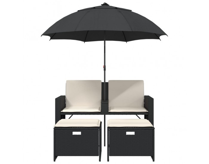 Sonata H 2-местен градински диван с чадър и табуретки черен полиратан
