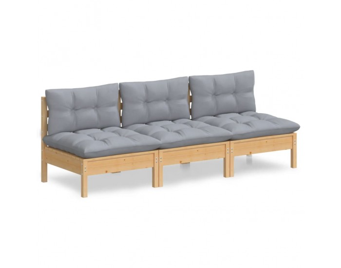 Sonata H 3-местен градински диван със сиви възглавници, бор масив