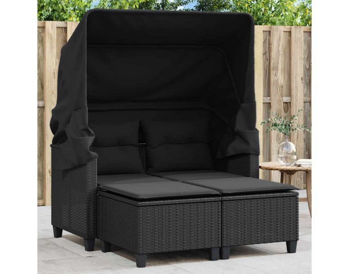Sonata H 2-местен градински диван със сенник и табуретки черен полиратан