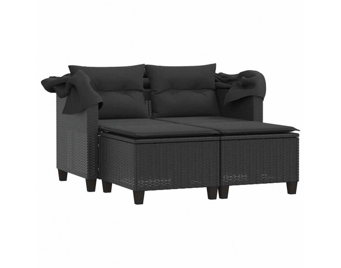 Sonata H 2-местен градински диван със сенник и табуретки черен полиратан