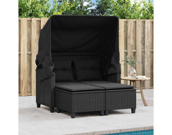 Sonata H 2-местен градински диван със сенник и табуретки черен полиратан