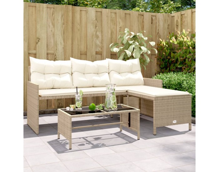 Sonata H Градински диван с маса и възглавници, ъглов, бежов полиратан