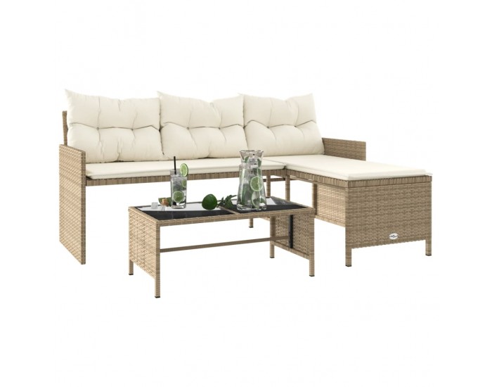 Sonata H Градински диван с маса и възглавници, ъглов, бежов полиратан