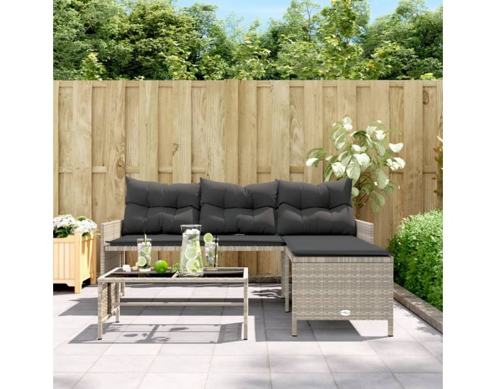 Sonata H Градински диван с маса и възглавници ъглов светлосив полиратан