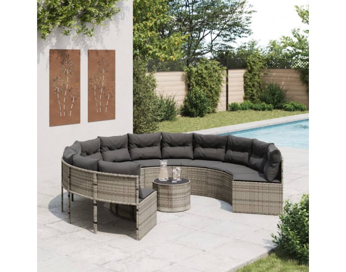 Sonata H Градински диван с маса и възглавници, кръгъл, сив полиратан