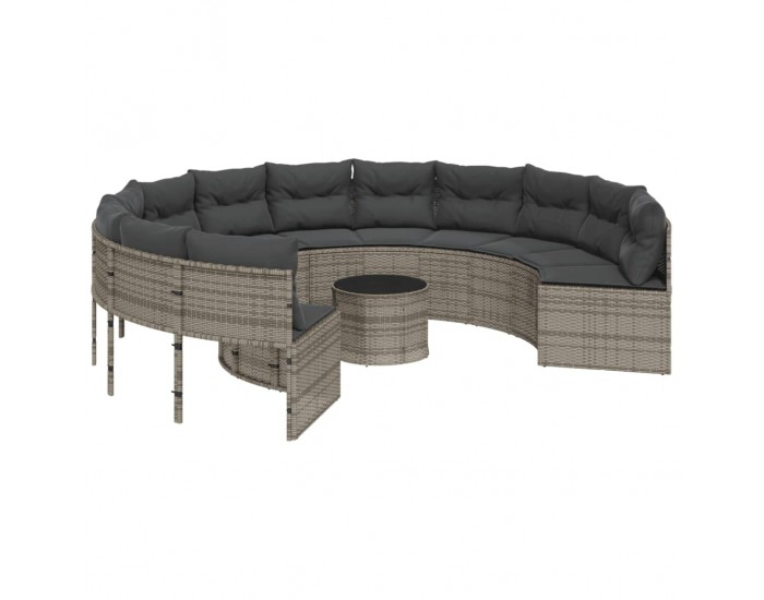 Sonata H Градински диван с маса и възглавници, кръгъл, сив полиратан