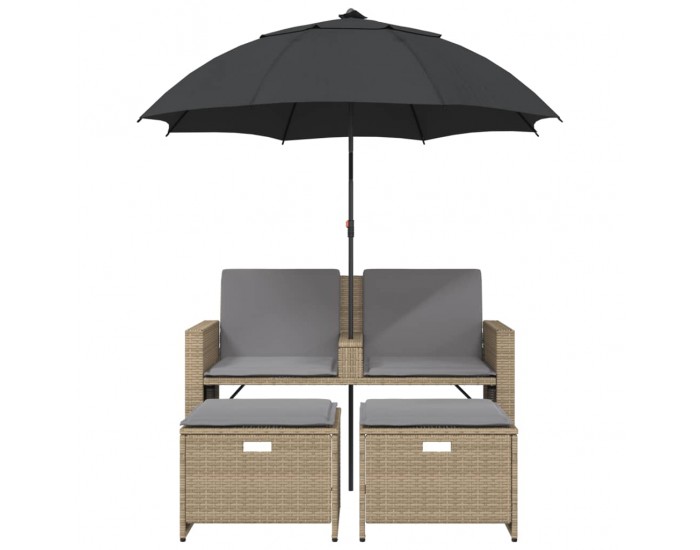 Sonata H 2-местен градински диван с чадър и табуретки бежов полиратан