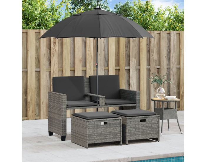 Sonata H 2-местен градински диван с чадър и табуретки сив полиратан