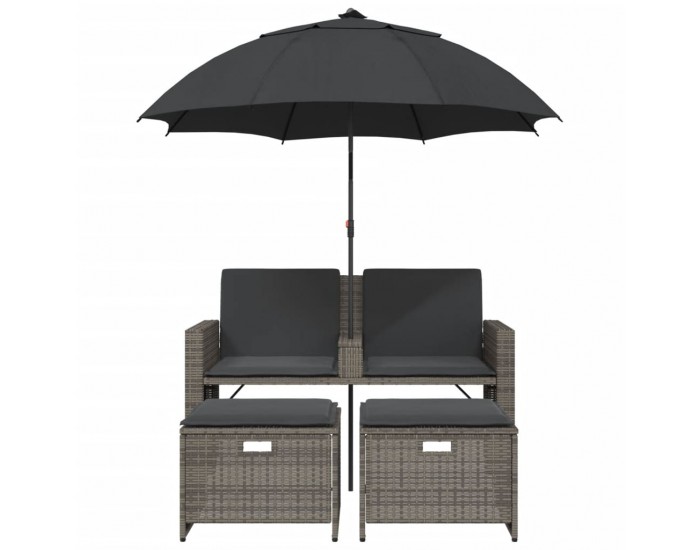 Sonata H 2-местен градински диван с чадър и табуретки сив полиратан