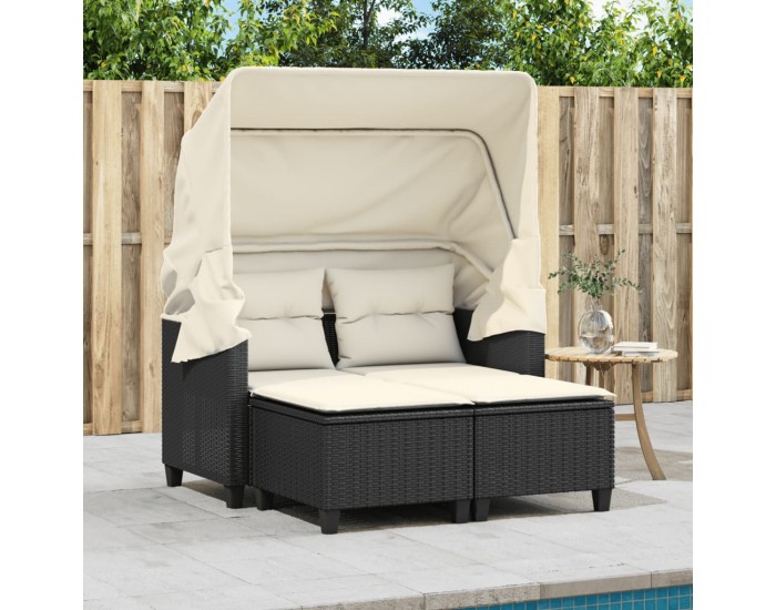 Sonata H 2-местен градински диван със сенник и табуретки черен полиратан