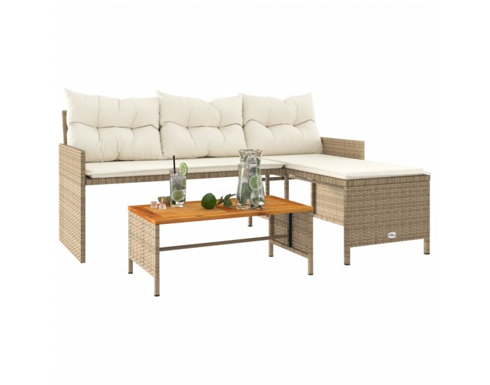 Sonata H Градински диван с маса и възглавници, ъглов, бежов полиратан