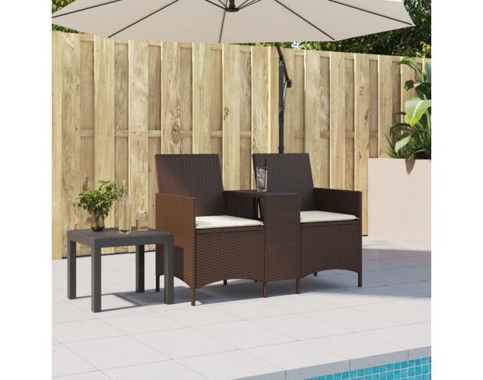 Sonata H Градински диван 2-местен с маса и възглавници кафяв полиратан