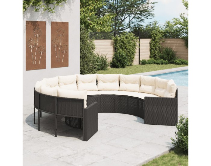 Sonata H Градински диван с възглавници, кръгъл, черен полиратан