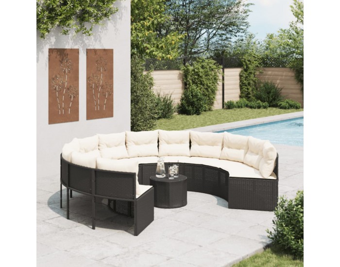 Sonata H Градински диван с маса и възглавници, кръгъл, черен полиратан