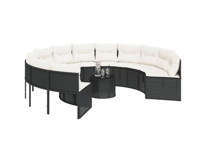 Sonata H Градински диван с маса и възглавници, кръгъл, черен полиратан