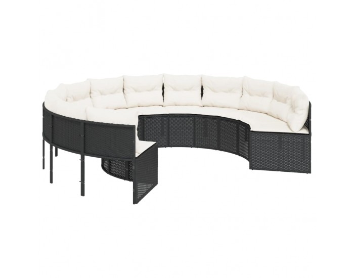 Sonata H Градински диван с маса и възглавници, кръгъл, черен полиратан