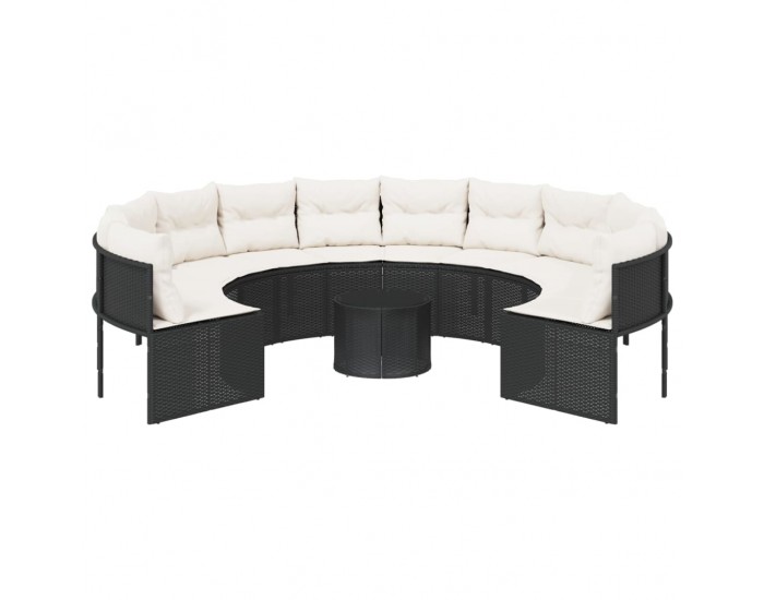 Sonata H Градински диван с маса и възглавници, кръгъл, черен полиратан