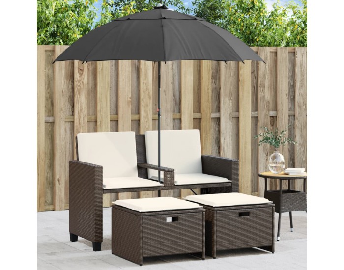 Sonata H 2-местен градински диван с чадър и табуретки кафяв полиратан