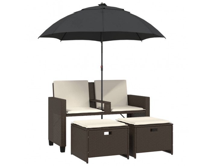 Sonata H 2-местен градински диван с чадър и табуретки кафяв полиратан